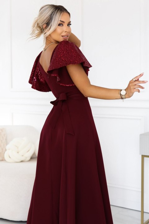 694-3 MIRELLA Elegancka rozkloszowana sukienka maxi z cekinowymi rękawami - bordowa - XL