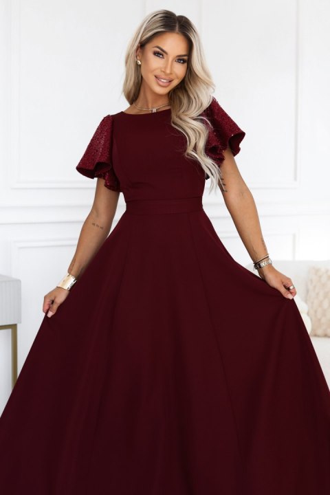 694-3 MIRELLA Elegancka rozkloszowana sukienka maxi z cekinowymi rękawami - bordowa - XL