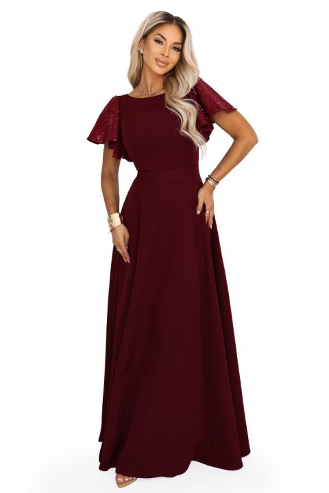 694-3 MIRELLA Elegancka rozkloszowana sukienka maxi z cekinowymi rękawami - bordowa - XL