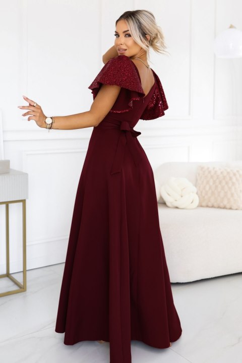 694-3 MIRELLA Elegancka rozkloszowana sukienka maxi z cekinowymi rękawami - bordowa - XXL