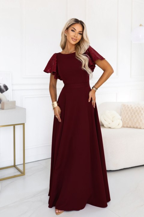 694-3 MIRELLA Elegancka rozkloszowana sukienka maxi z cekinowymi rękawami - bordowa - M