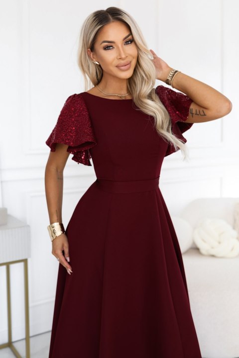 694-3 MIRELLA Elegancka rozkloszowana sukienka maxi z cekinowymi rękawami - bordowa - XS