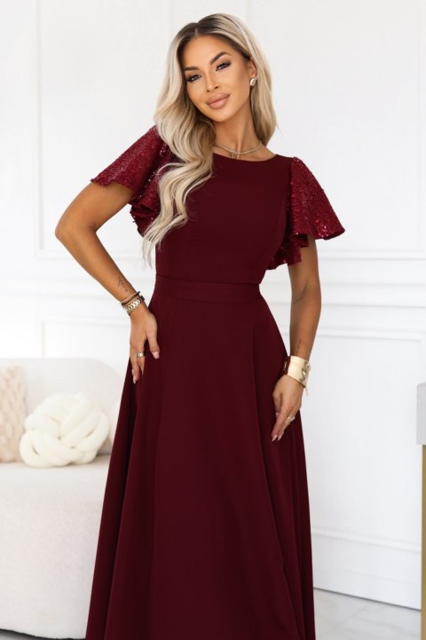 694-3 MIRELLA Elegancka rozkloszowana sukienka maxi z cekinowymi rękawami - bordowa - XS