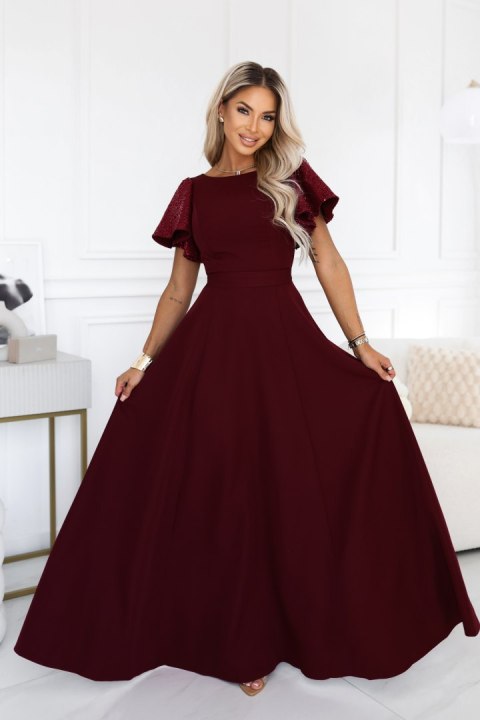 694-3 MIRELLA Elegancka rozkloszowana sukienka maxi z cekinowymi rękawami - bordowa - S