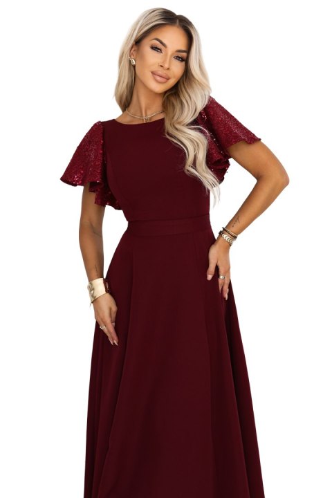 694-3 MIRELLA Elegancka rozkloszowana sukienka maxi z cekinowymi rękawami - bordowa - S