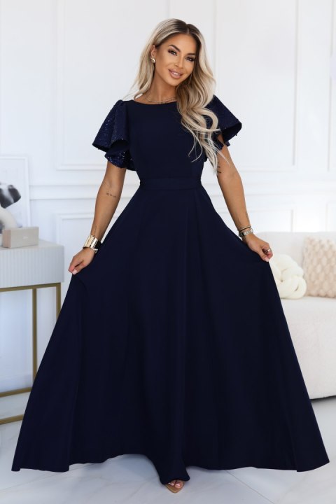 694-4 MIRELLA Elegancka rozkloszowana sukienka maxi z cekinowymi rękawkami - granatowa - L