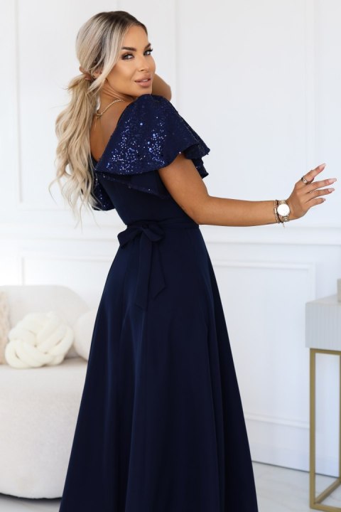 694-4 MIRELLA Elegancka rozkloszowana sukienka maxi z cekinowymi rękawkami - granatowa - L