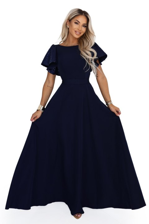 694-4 MIRELLA Elegancka rozkloszowana sukienka maxi z cekinowymi rękawkami - granatowa - L
