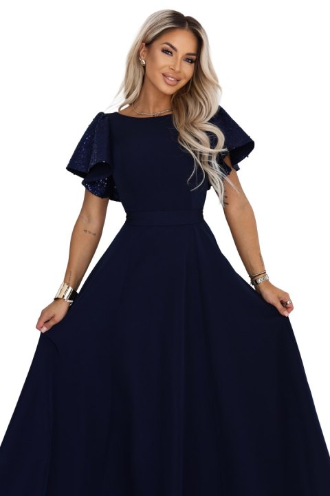 694-4 MIRELLA Elegancka rozkloszowana sukienka maxi z cekinowymi rękawkami - granatowa - L