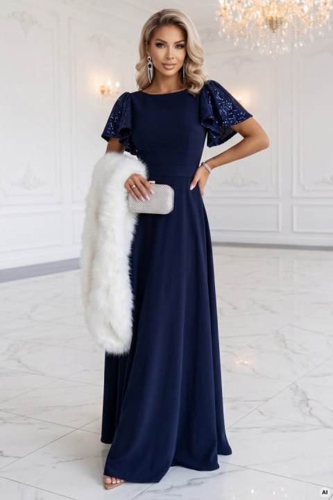 694-4 MIRELLA Elegancka rozkloszowana sukienka maxi z cekinowymi rękawkami - granatowa - XL