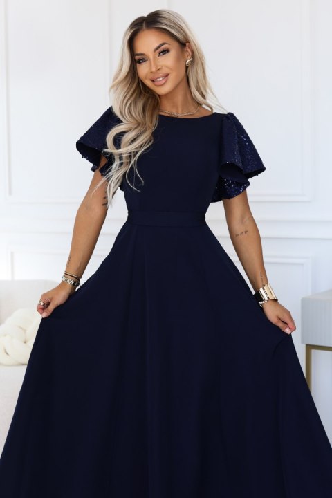 694-4 MIRELLA Elegancka rozkloszowana sukienka maxi z cekinowymi rękawkami - granatowa - M