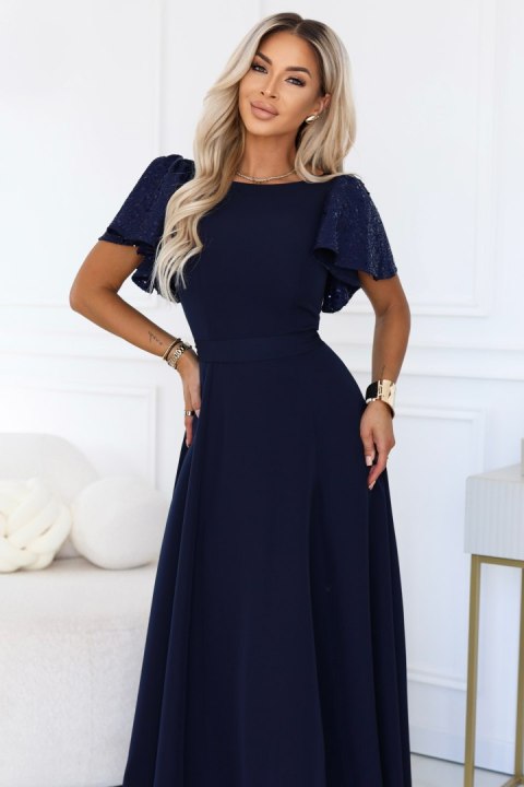 694-4 MIRELLA Elegancka rozkloszowana sukienka maxi z cekinowymi rękawkami - granatowa - M