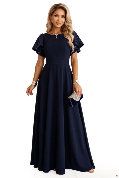 694-4 MIRELLA Elegancka rozkloszowana sukienka maxi z cekinowymi rękawkami - granatowa - M