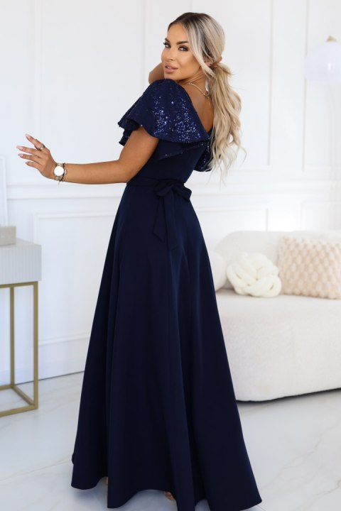 694-4 MIRELLA Elegancka rozkloszowana sukienka maxi z cekinowymi rękawkami - granatowa - S