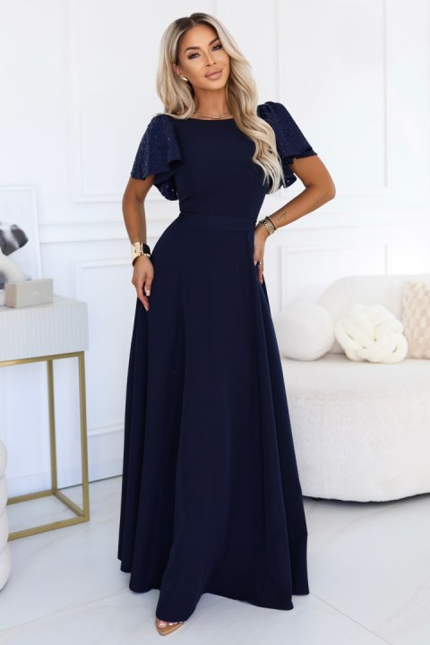 694-4 MIRELLA Elegancka rozkloszowana sukienka maxi z cekinowymi rękawkami - granatowa - S