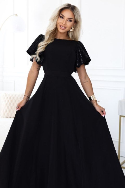 694-1 MIRELLA Elegancka rozkloszowana sukienka maxi z cekinowymi rękawkami - czarna - XL