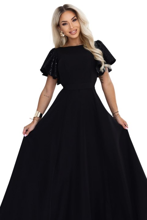 694-1 MIRELLA Elegancka rozkloszowana sukienka maxi z cekinowymi rękawkami - czarna - XL