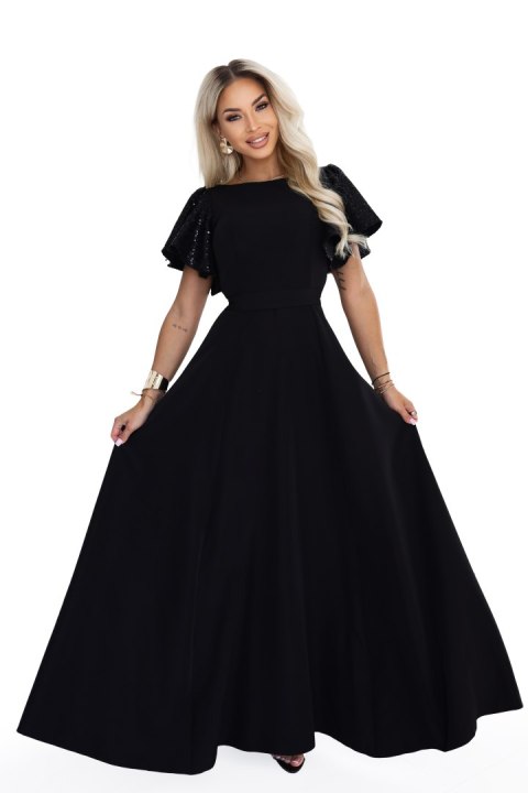 694-1 MIRELLA Elegancka rozkloszowana sukienka maxi z cekinowymi rękawkami - czarna - XL