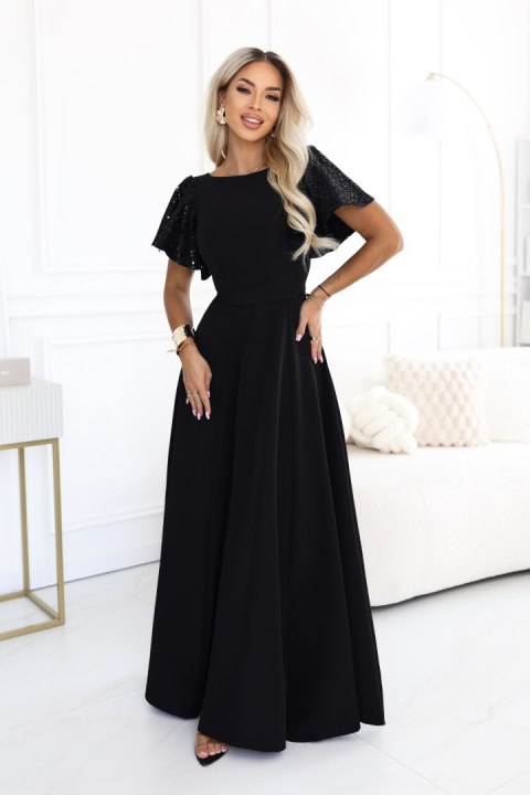 694-1 MIRELLA Elegancka rozkloszowana sukienka maxi z cekinowymi rękawkami - czarna - XL