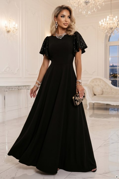 694-1 MIRELLA Elegancka rozkloszowana sukienka maxi z cekinowymi rękawkami - czarna - XXL