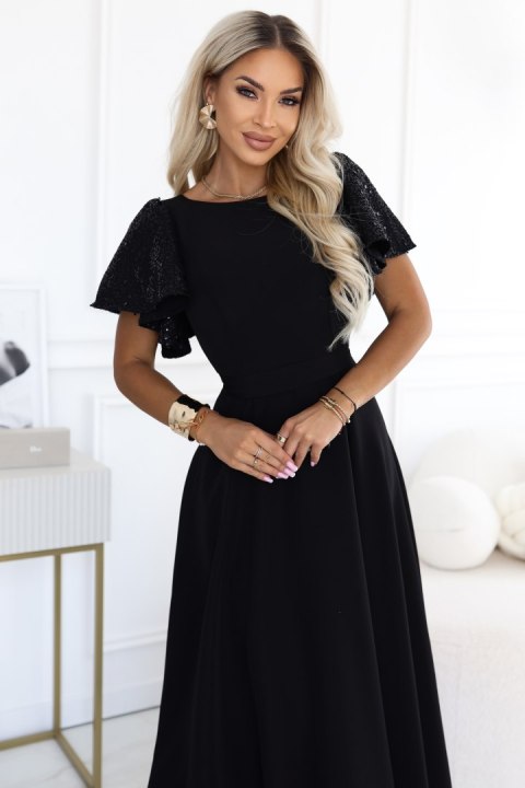 694-1 MIRELLA Elegancka rozkloszowana sukienka maxi z cekinowymi rękawkami - czarna - XXL