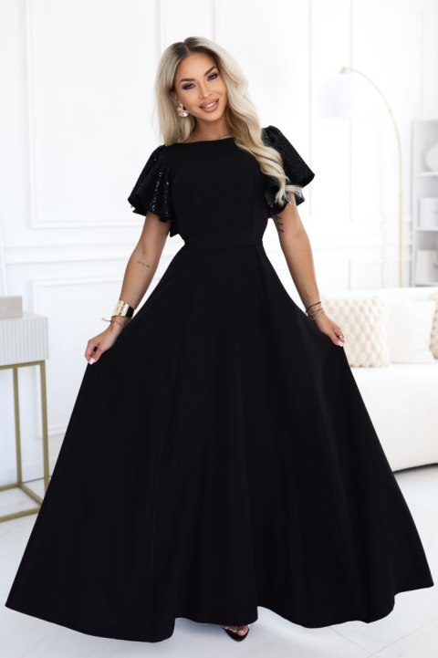 694-1 MIRELLA Elegancka rozkloszowana sukienka maxi z cekinowymi rękawkami - czarna - XXL