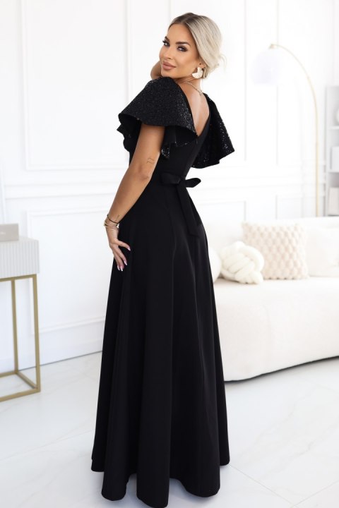 694-1 MIRELLA Elegancka rozkloszowana sukienka maxi z cekinowymi rękawkami - czarna - XXL