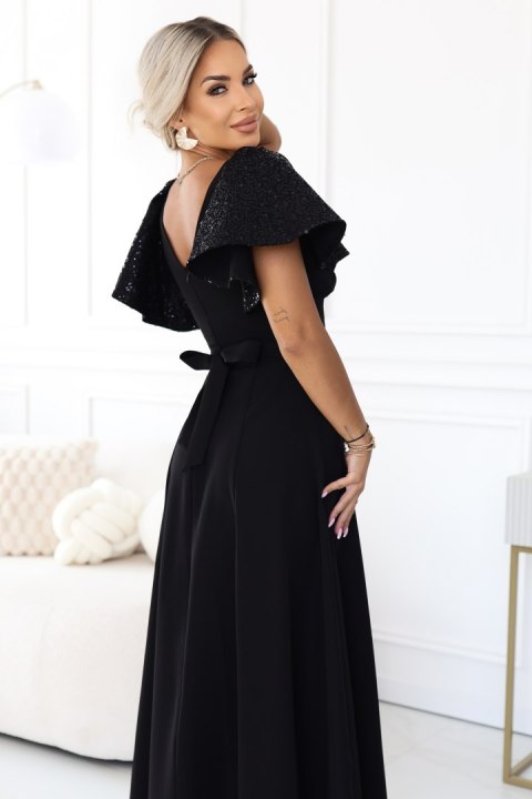 694-1 MIRELLA Elegancka rozkloszowana sukienka maxi z cekinowymi rękawkami - czarna - XXL