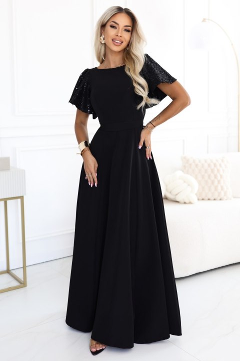 694-1 MIRELLA Elegancka rozkloszowana sukienka maxi z cekinowymi rękawkami - czarna