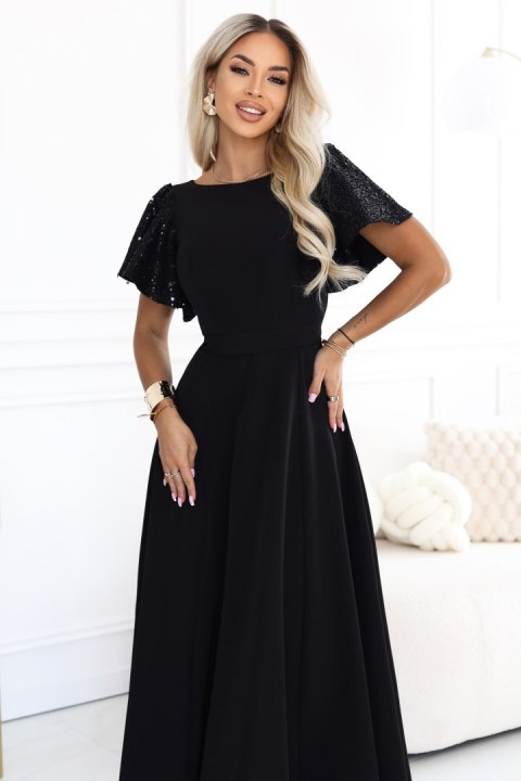 694-1 MIRELLA Elegancka rozkloszowana sukienka maxi z cekinowymi rękawkami - czarna