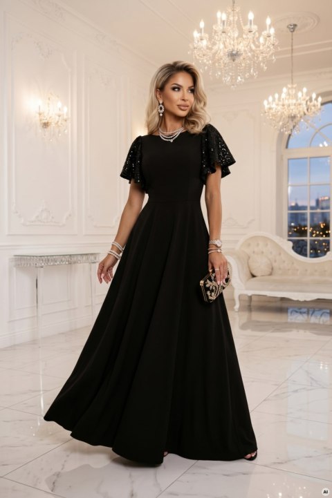 694-1 MIRELLA Elegancka rozkloszowana sukienka maxi z cekinowymi rękawkami - czarna