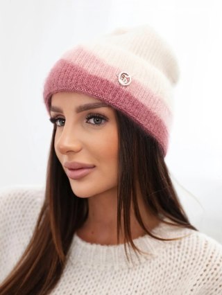 Czapka damska beanie prążkowana z ozdobą beżowa+ciemnoróżowa