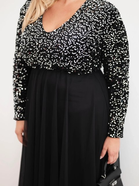 Sukienka damska Plus Size z cekinami z dodatkiem wiskozy czarna+srebrna