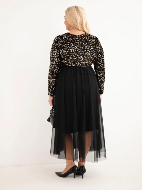 Sukienka damska Plus Size z cekinami z dodatkiem wiskozy czarna+złota