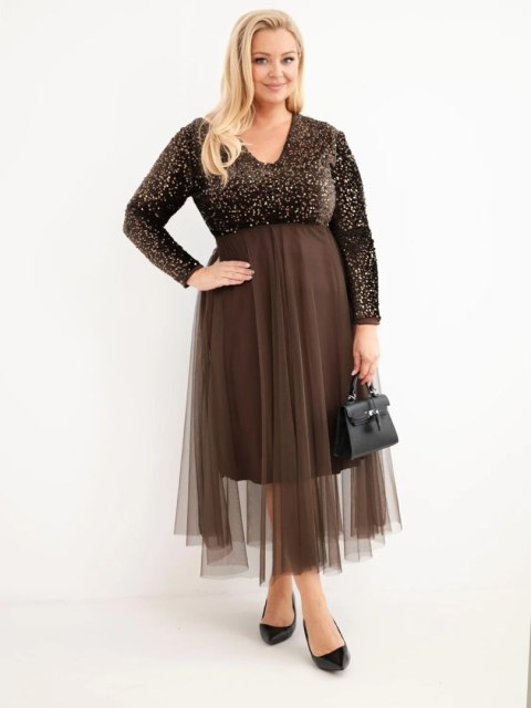 Sukienka damska Plus Size z cekinami z dodatkiem wiskozy czekoladowa
