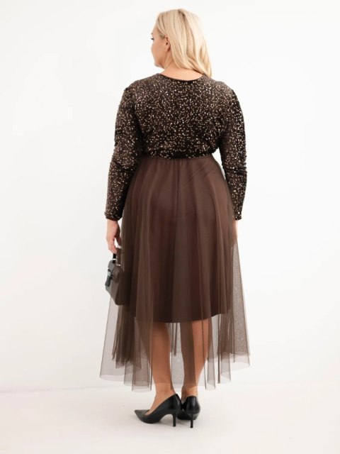 Sukienka damska Plus Size z cekinami z dodatkiem wiskozy czekoladowa