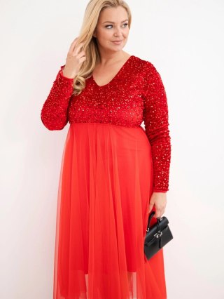 Sukienka damska Plus Size z cekinami z dodatkiem wiskozy czerwona