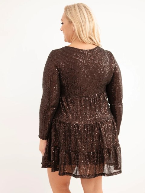 Sukienka damska Plus Size z dodatkiem wiskozy i cekinami brązowa