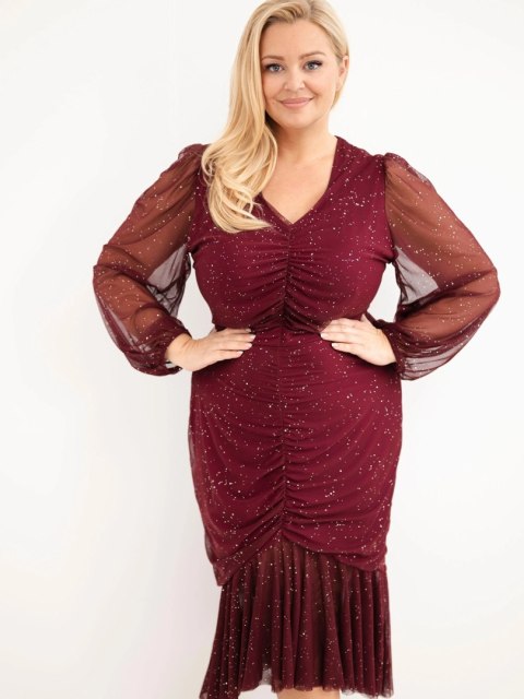 Sukienka damska Plus Size z dodatkiem wiskozy z marszczeniami bordowa