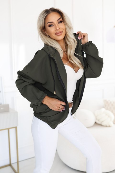 691-4 Rozpinana bluza damska z kapturem i ozdobnym zamkiem - khaki - UNI