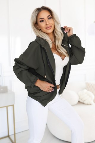 691-4 Rozpinana bluza damska z kapturem i ozdobnym zamkiem - khaki