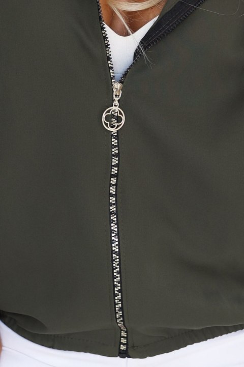 691-4 Rozpinana bluza damska z kapturem i ozdobnym zamkiem - khaki