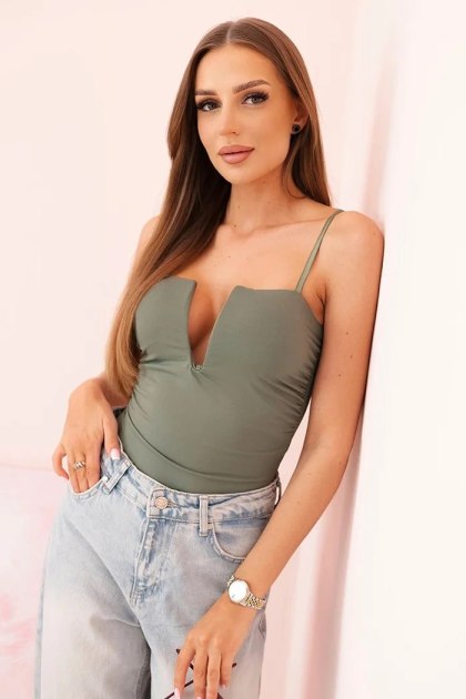 Bluzka body damska na ramiączka z marszczeniem i dekoltem V jasne khaki