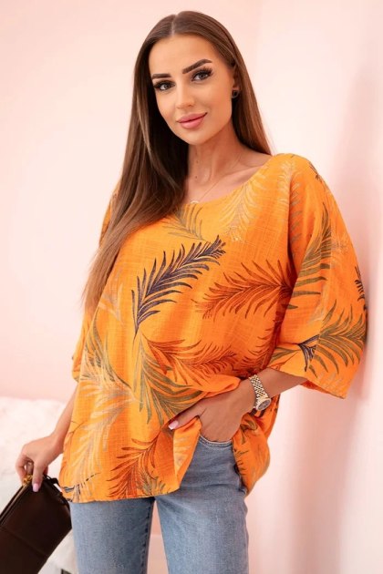 Bluzka damska z bawełny w liście z podwijanym rękawem pomarańczowa