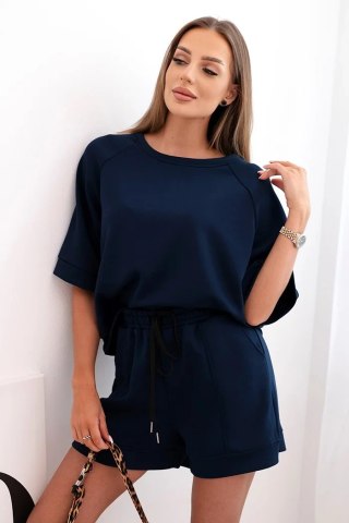 Komplet damski masełko z bluzka z krótkim rękawem i spodenki z gumką granatowy