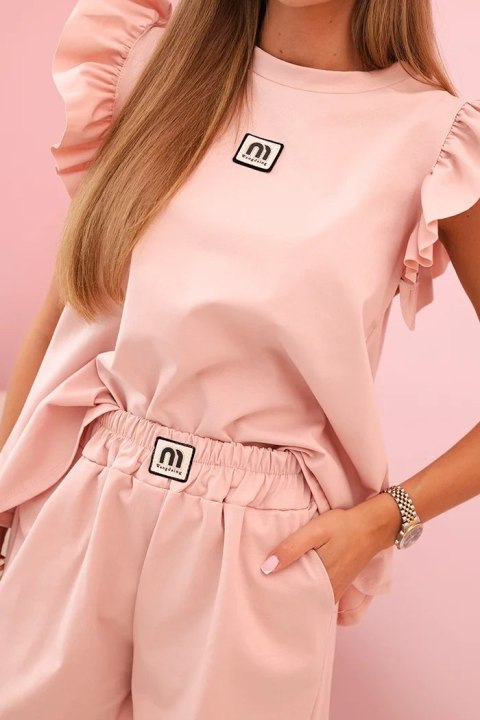 Komplet damski z falbanką - bluzka z krótkim rękawem i szorty z gumką ciemny pudrowy róż