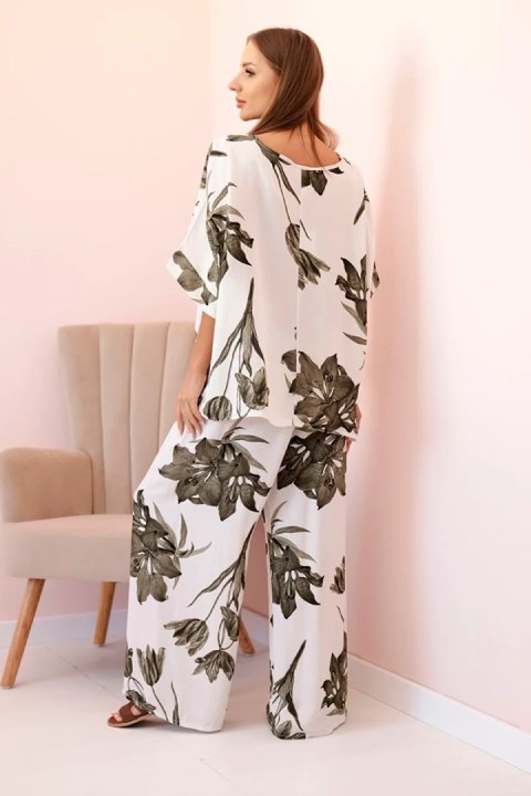 Oversizowy komplet damski z wiskozy w kwiaty – khaki zestaw w stylu boho