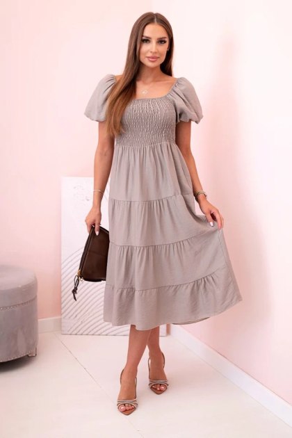 Sukienka damska wiskozowa z bufiastym rękawem i marszczoną górą fango