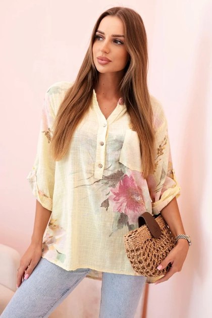 Bluzka damska z bawełny z kwiatowym wzorem i guzikami żółta