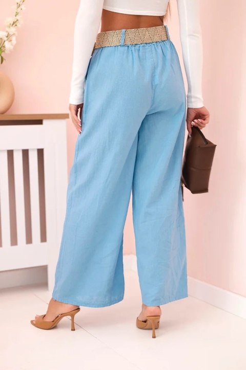 Spodnie damskie lniane z szeroką nogawką i paskiem niebieskie
